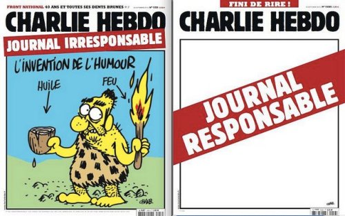 O próprio Charlie conhece a fórmula da capa de jornal irresponsável (A invenção do Humor: óleo e fogo) e a do jornal responsável (capa branca)